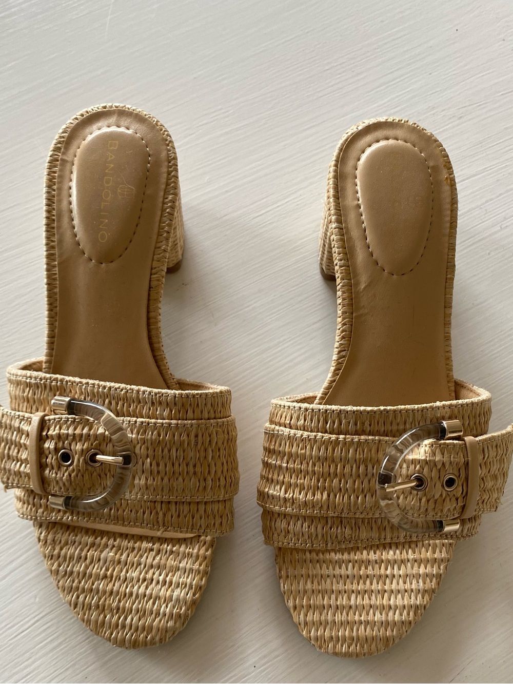 NEW. Bandolino Natural Raffia Slide Mules with Buckle